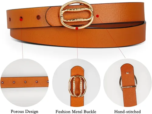 Vista 308 de Cinturón de cuero clásico con hebilla de metal para mujer con vestido de jeans