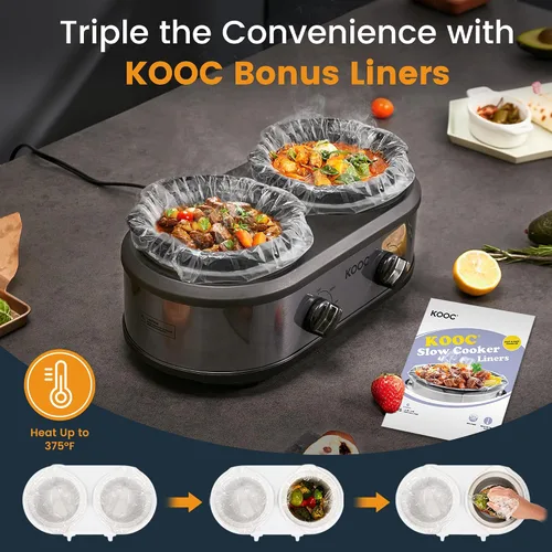 Vista 5 de KOOC Olla de cocción lenta doble pequeña, servidor de buffet y calentador, 2 ollas mini con 3 temperaturas ajustables individuales, ollas cerámicas