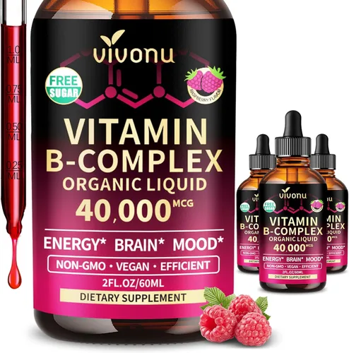 Vista 11 de VivoNu Gotas líquidas de complejo de vitamina B, vitamina B12 metilada de 6000 mcg, B1, B6, B3, B5, B2, folato, biotina con vitamina C D A E