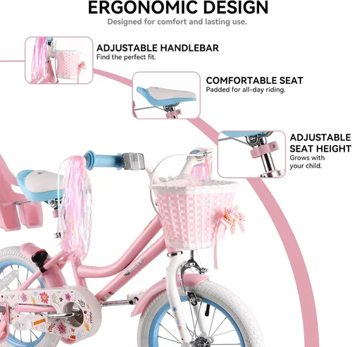 Vista 4 de RULLY 12 14 16 Inch Girls Bike for 2-7 Year Olds, Daisy Kids Bicycle with Training Wheels, Basket & Doll Seat, Retro Toddler Bike with Coaster