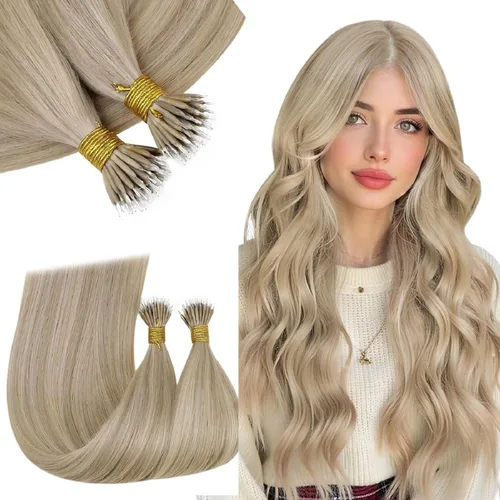 Vista 79 de RUNATURE Extensiones de cabello humano con punta en U, color marrón ceniza a rubio platino
