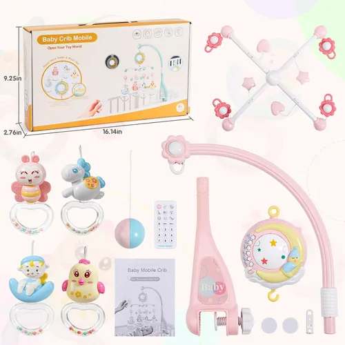 Vista 9 de BOBXIN - Móvil para cuna para bebé niña con 150 música y proyector Timing, luz nocturna, sonajero y caja musical para llevar, control remoto, cuna