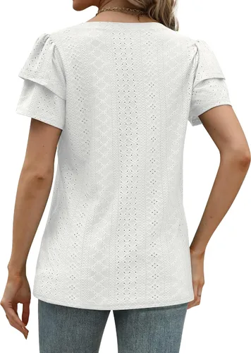 Vista 4 de Geifa Camisetas de verano para mujer, con volantes, manga corta, cuello en V, ajuste holgado, con ojales