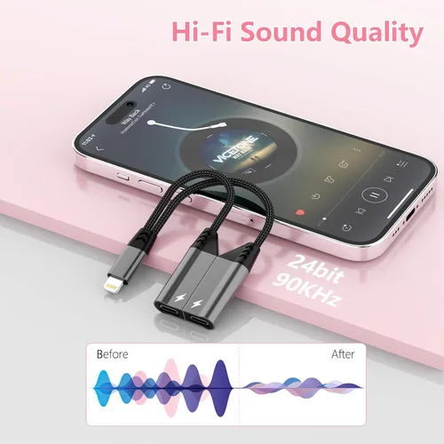 Vista 5 de Divisor de cable magnético 2 en 1 para iPhone a conector de audio Lightning dual para auriculares y cargador, adaptador de convertidor