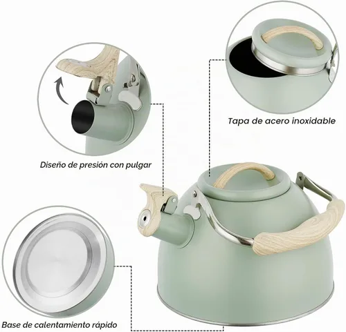 Vista 2 de Tetera de 3.0 cuartos de galón para estufa, tetera de acero inoxidable, hervidor de agua de grado alimenticio con mango de madera para café, té