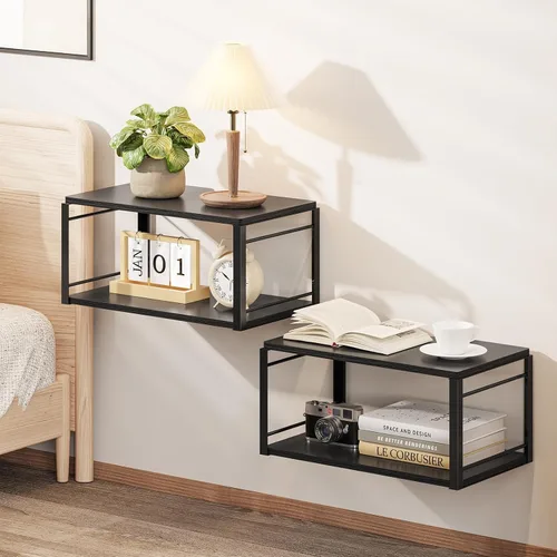 Vista 10 de Mesita de noche flotante, mesita de noche de madera, mesita de noche flotante para dormitorio, sala de estar, baño, cocina, oficina (negro)