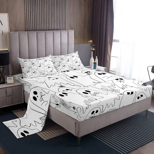 Vista 11 de Feelyou Juego de sábanas de fantasma negro para niños y niñas, tamaño individual, juego de sábanas de fantasma de calavera para niños, mujeres