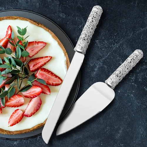 Vista 7 de Juego de cuchillo y servidor de plata para boda, juego de 2 piezas de postre con mango de metal con piedras de cristal para decoración de bodas