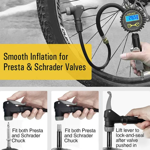 Vista 4 de AZUNO Medidor digital de inflado de neumáticos de bicicleta con tipo de válvula de selección automática - Herramienta de compresor de aire Presta