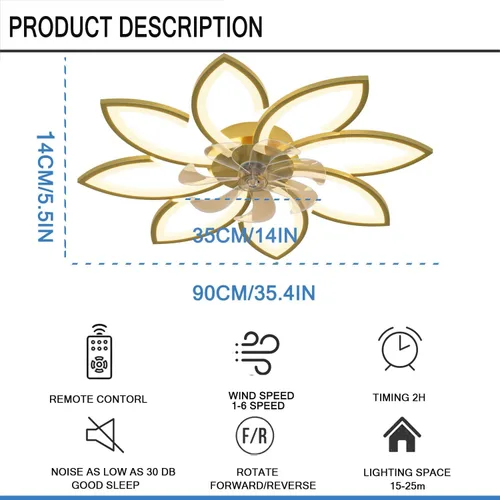 Vista 3 de Ventiladores de techo de 35'' con luces, luces de ventilador de techo sin aspas y control remoto, luz LED regulable de montaje empotrado, moderno
