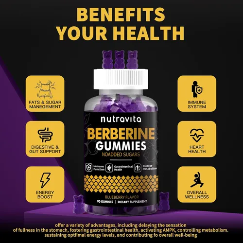 Vista 3 de Nutravita Gomitas de berberina con canela de Ceilán, 1500 mg de berberina de alta potencia, suplemento para apoyo inmunológico y metabolismo