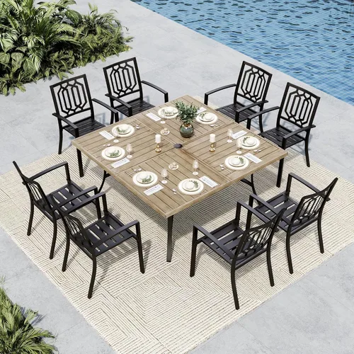 Vista 14 de MFSTUDIO Juego de comedor al aire libre para 8, juego de mesa y sillas de metal para patio, juego de muebles de patio de 9 piezas, juego de comedor
