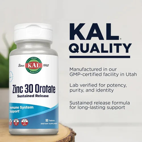 Vista 4 de KAL Orotato de zinc 30 mg, liberación sostenida, tabletas de zinc quelatado, suplemento de apoyo inmunológico, síntesis de proteínas, metabolismo