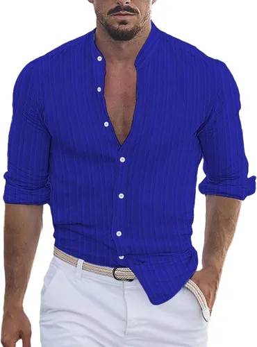 Vista 20 de Camisa de lino de algodón para hombre, manga larga con botones, cuello alto con bandas para playa y verano
