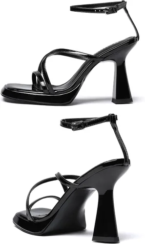 Vista 5 de Reitoye Tacones de tiras para mujer, con plataforma, tacones altos y gruesos, sandalias de tacón cuadrado con puntera abierta, correa de tobillo