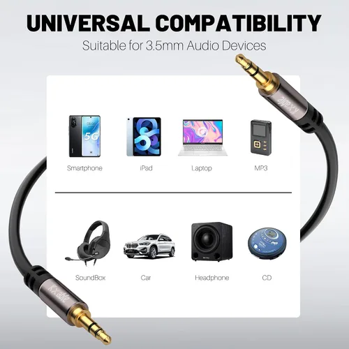 Vista 7 de Kxable - Cable de audio auxiliar estéreo de 3,5 mm (4 pies, paquete de 2), macho a macho, conectores chapados en oro, núcleo OFC, cable negro