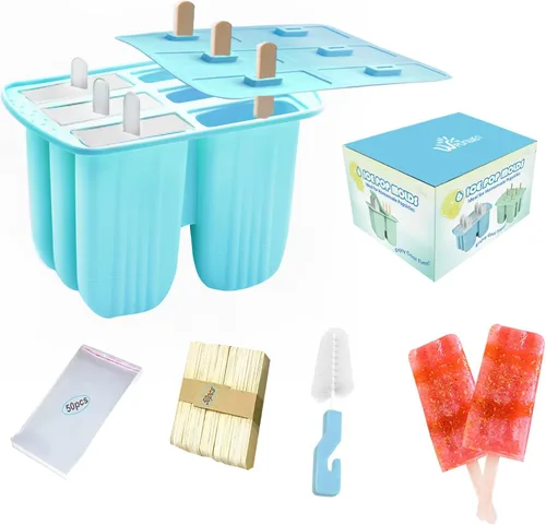 Vista 9 de Moldes de silicona para paletas con palillos, 6 cavidades, molde para helado con cepillo limpio, 6 palitos reutilizables, 50 palitos, 50 bolsas Azul