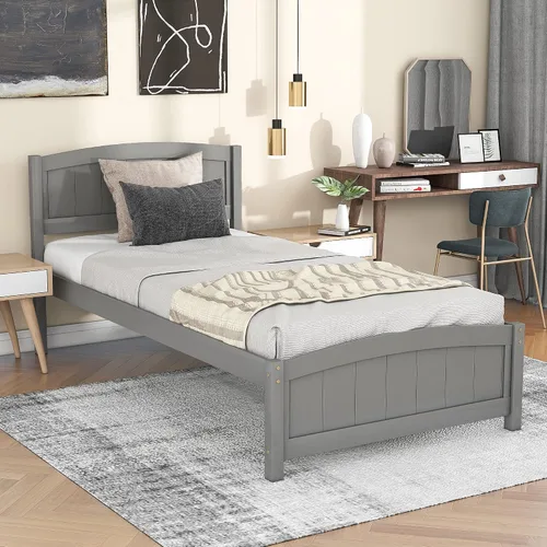 Vista 10 de Harper & Bright Designs Base de cama individual, plataforma de madera con cabecera y estribo, soporte de listones de madera, no necesita somier