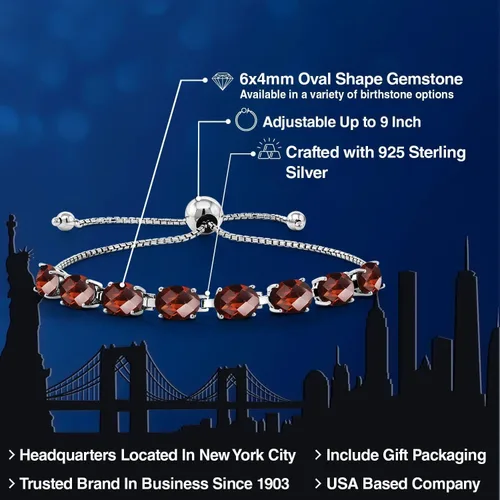 Vista 202 de Gem Stone King Pulsera de plata de ley 925 con piedra natal ovalada de 0.276 x 0.197 in para mujer, totalmente ajustable hasta 9 pulgadas