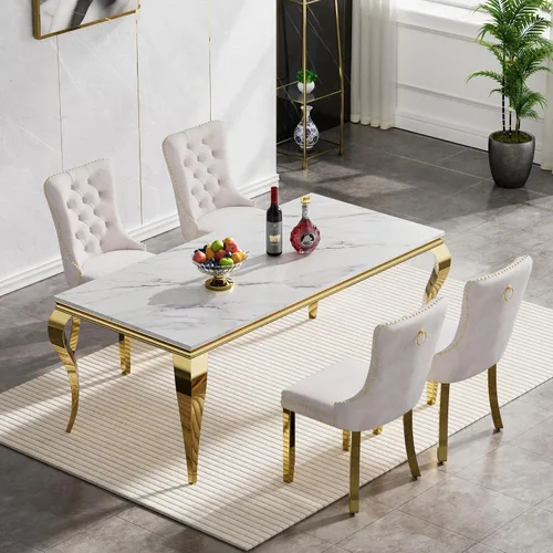Vista 66 de Juego de mesa de comedor de mármol sintético, 7 piezas, juego de mesa de cocina y comedor para 6, mesa de comedor rectangular blanca de 70 pulgadas