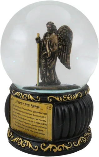 Vista 6 de Ebros Gift Guardian Santo Arcángel San Rafael Ángel de Sanación con purpurina con placa de oración, base de arte de desplazamiento dorado de 5.25