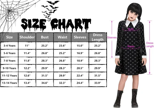 Vista 2 de ZIW Girls Wednesday Addams Costume Dress Kids Family Halloween Costumes Skull Printed Long Sleeve Pugsley Cosplay