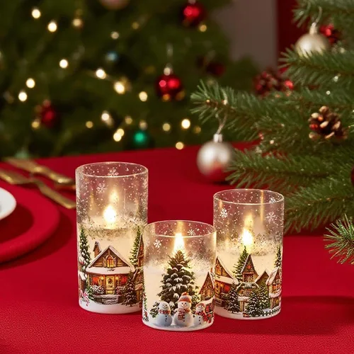 Vista 4 de Velas de cristal sin llama de casa de muñeco de nieve a pilas, con control remoto y temporizador; velas LED parpadeantes de cera real, luz blanca