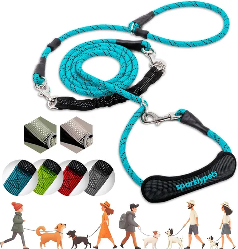 Vista 34 de Correa doble premium para dos perros, absorción de golpes, antitirón, doble correa para razas medianas y grandes con accesorio de correa doble