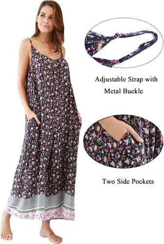 Vista 4 de BUENOS NINOS - Vestido largo de estilo bohemio, estampado floral y cuello en V, para mujer, vestido de estilo étnico con tirantes delgados