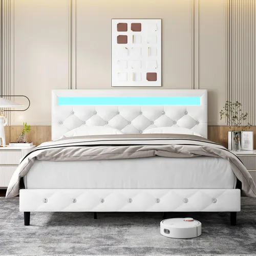 Vista 8 de TTVIEW Base de cama Queen con luces LED, marco de cama de plataforma de cuero con cabecera tapizada ajustable, luces LED de control de aplicación