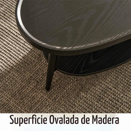 Vista 6 de Saint Mossi - Mesa de centro negra moderna para sala de estar, mesa de centro ovalada de madera de mediados de siglo, mesa central de doble capa
