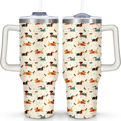 Vista 24 de Dachshund - Vaso de viaje aislado de acero inoxidable de 20 onzas con asa y pajilla, regalo para mujer, para el Día de la Madre, a prueba de fugas