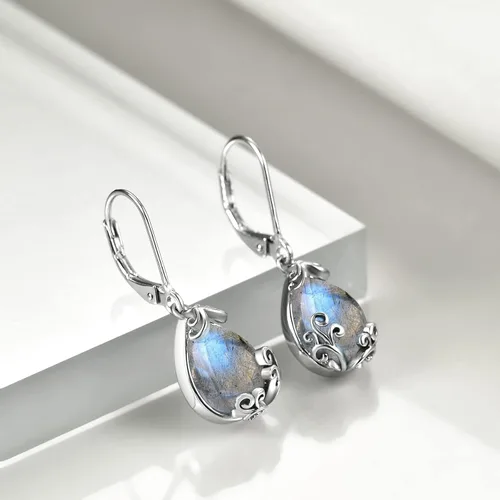Vista 5 de POPLYKE - Aretes colgantes de plata de ley con forma de lágrima de lágrima celta de piedra lunar