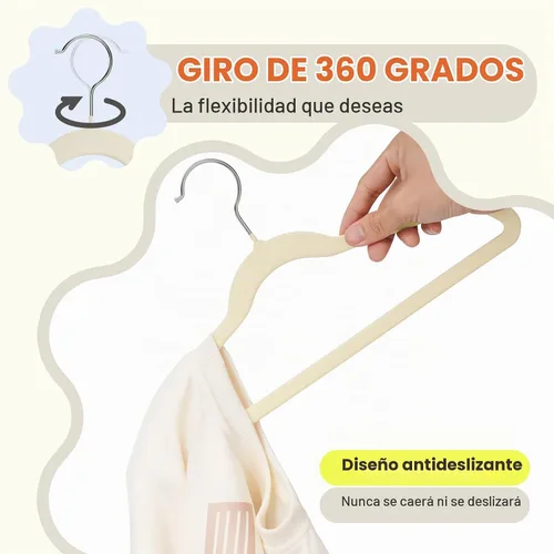 Vista 3 de Perchas para Bebé Paquete de 50 de 11 Pulgadas, Perchas de Terciopelo para Bebé Delgadas y que Ahorran Espacio, Perchas para Niños con Gancho Beige