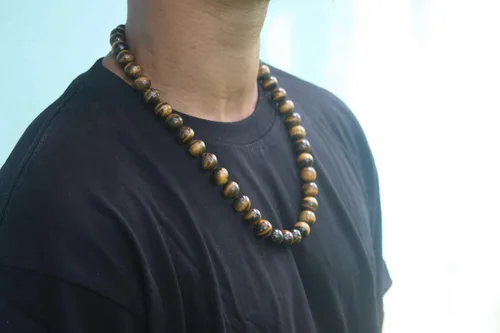 Vista 4 de Mens Tiger Eye Necklace - 14mm Large Beaded Necklace - Prosperity Crystals - Anti Depression Jewelry - 24 Inch Chain - Healing Crystal Jewelry