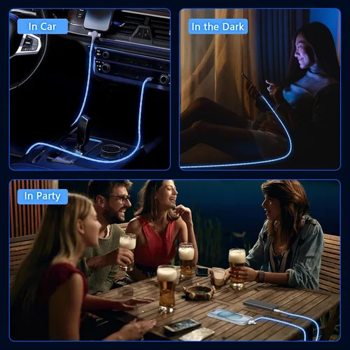 Vista 2 de Cable de carga para iPhone 3 en 1 con luz LED, relámpago/tipo C/micro USB para automóvil RGB brillante para Apple iPhone 15/14/13/12/11 Pro