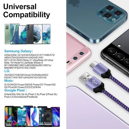 Vista 6 de Cable de carga USB C Pixel 7, cable de carga rápida de 6 pies, Android tipo C, paquete de 2 unidades para Google Pixel 10 9 Pro XL 8a 8 Pro 7a 7 Pro