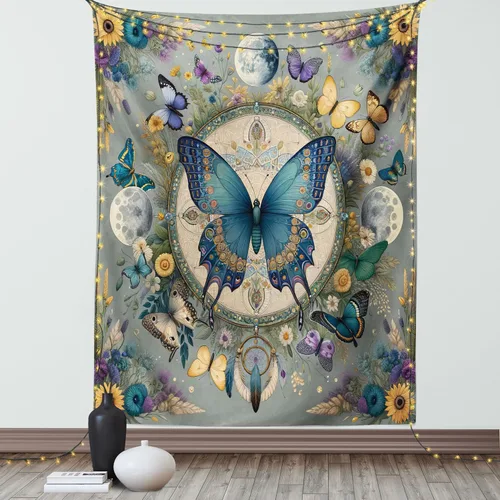 Vista 11 de Ambesonne Tapiz bohemio, diseño floral de bruja, luna y mariposa con adornos de mandala, decoración de tela para colgar en la pared para dormitorio