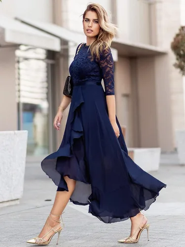 Vista 3 de Vestido largo de dama de honor con vuelos de encaje y cuello en V para mujer de MIUSOL