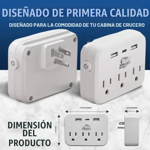 Vista 4 de Regleta de alimentación sin sobretensión (6 en 1) compatible con cruceros con 3 salidas de CA, 2 puertos USB y 1 USB-C, 2500W, carnaval, noruego