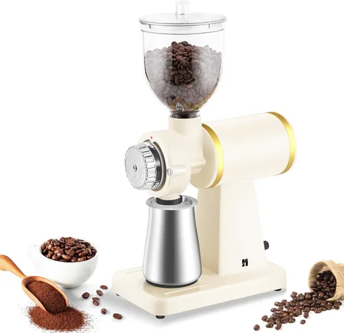 Vista 9 de Huanyu - Molinillo de café plano de 2.362 in, color verde crema retro para café casero Stainless steel burr, 8 precision grind settings, 250g