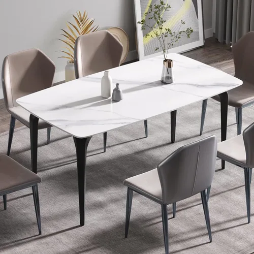 Vista 10 de Mesa de comedor de cocina de 63 pulgadas para comedor, cocina, comedor, espacio compacto con mesa de piedra sinterizada, 4 patas de metal negro