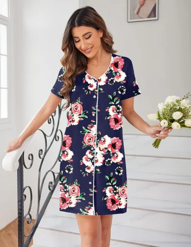 Vista 5 de Ekouaer Camisón de manga corta con botones para mujer, camisón suave con cuello en V