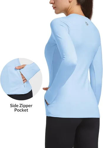 Vista 2 de BALEAF Camiseta térmica de forro polar para mujer, manga larga, con agujeros para los pulgares, bolsillo con cremallera para clima frío