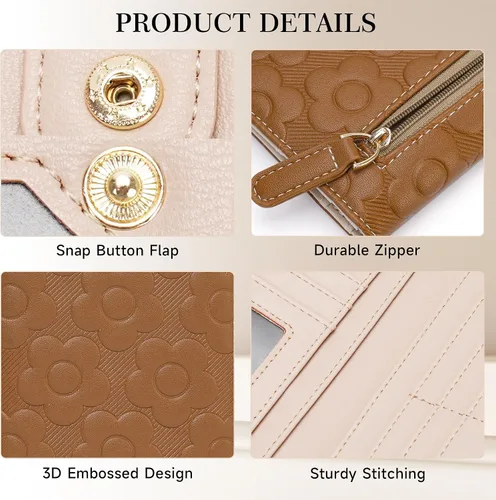 Vista 4 de Cartera delgada ultradelgada para mujer 3D de cuero con estampado de flores en relieve para mujer, cartera con bloqueo RFID, tarjetero plegable