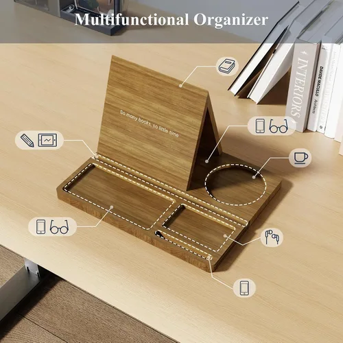 Vista 2 de NiHome Soporte de madera de bambú para libros con diseño triangular para apoyar libros en la columna vertebral, organizador multiusos con acabado