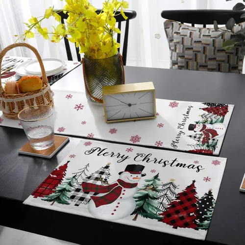 Vista 4 de Christmas Snowman Table Mats Set of 2 With Table Runner 70 Inches Long,Cotton Linen Tablerunner Burlap Kitchen Dining Placemats for