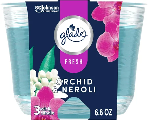 Vista 8 de Glade Candle Juniper & Teak, Fresh Collection, vela aromática infundida con aceites esenciales, vela ambientadora, vela de 3 mechas, 6.8 onzas
