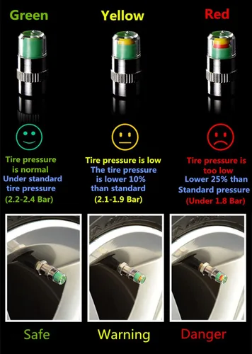 Vista 9 de 4 tapas de presión de neumáticos y 200 tapas de vástago de válvula de neumático de 32 PSI 2.2 bar TPMS Sensor de presión de neumáticos Tapones