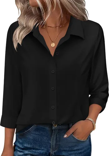 Vista 15 de Zeagoo Camisas con botones para mujer, manga 3/4, cuello en V, blusas con cuello en V, trajes casuales de negocios